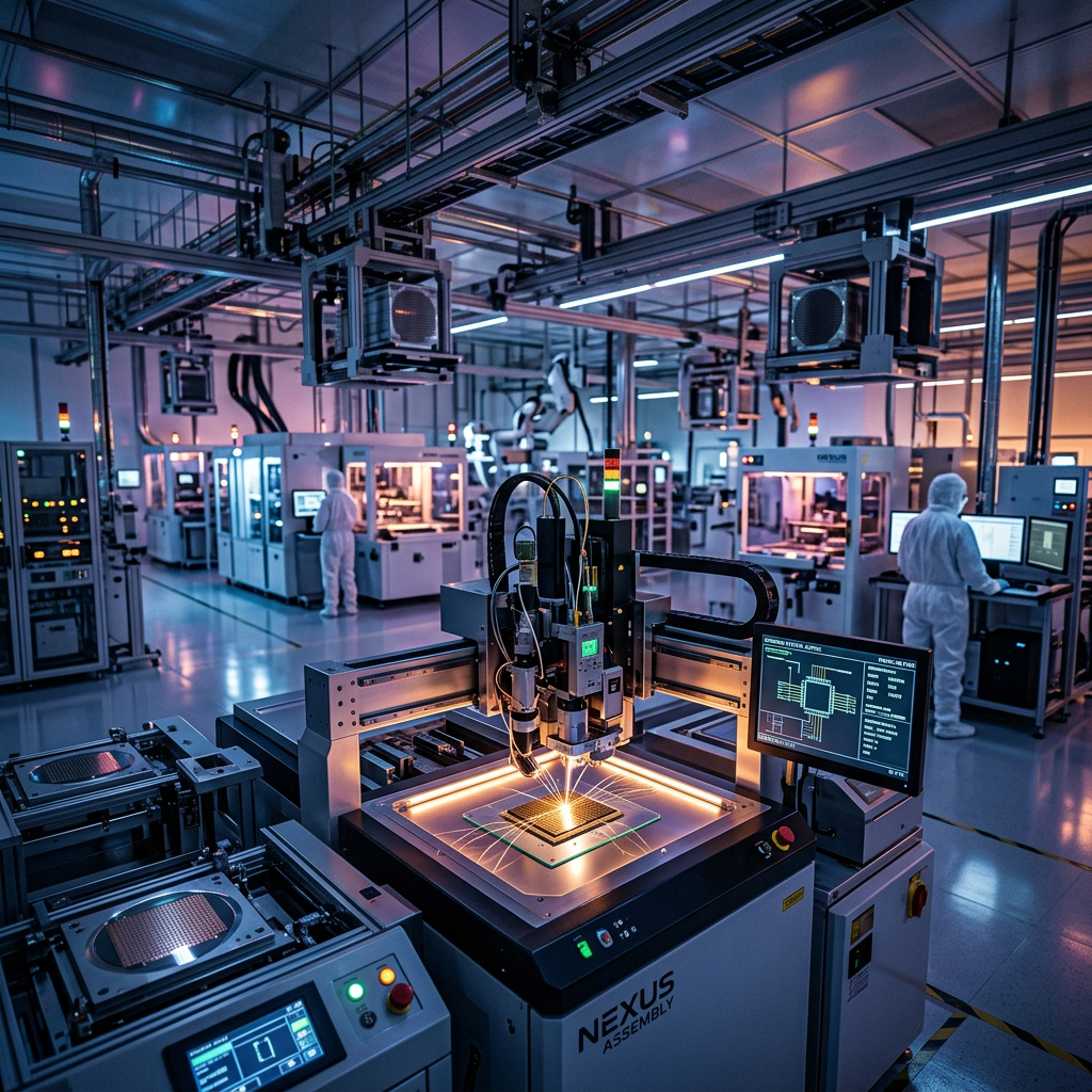 Automated semiconductor assembly machine operating inside a cleanroom with workers in protective suits