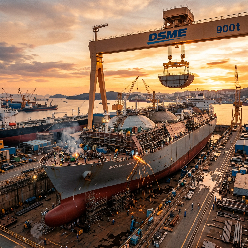 Large LNG carrier Snowy Owl under construction with crane lifting section