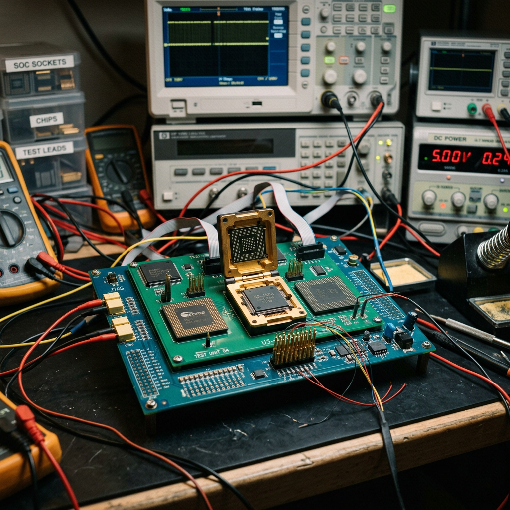Circuit board connected to test equipment with probes and wires in electronics lab