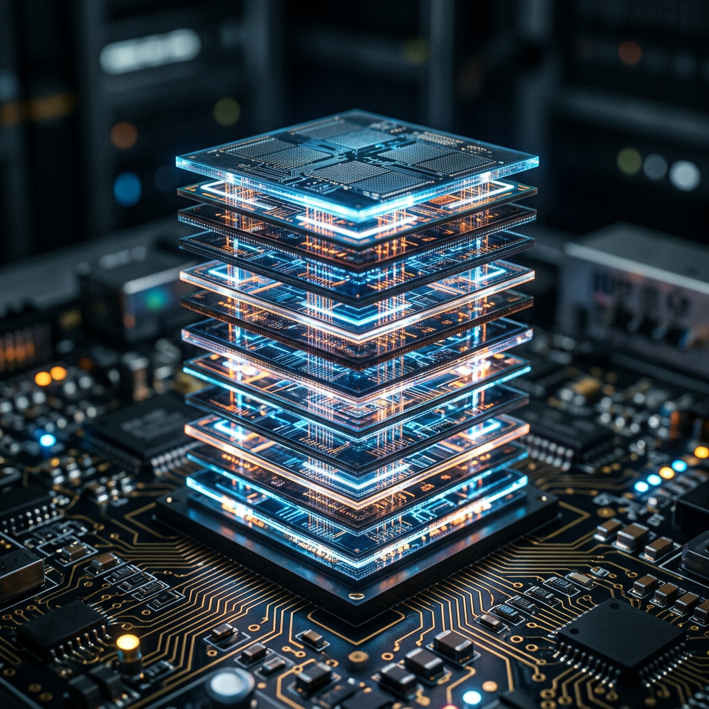 Stacked transparent microchip layers with glowing circuit connections above a computer motherboard