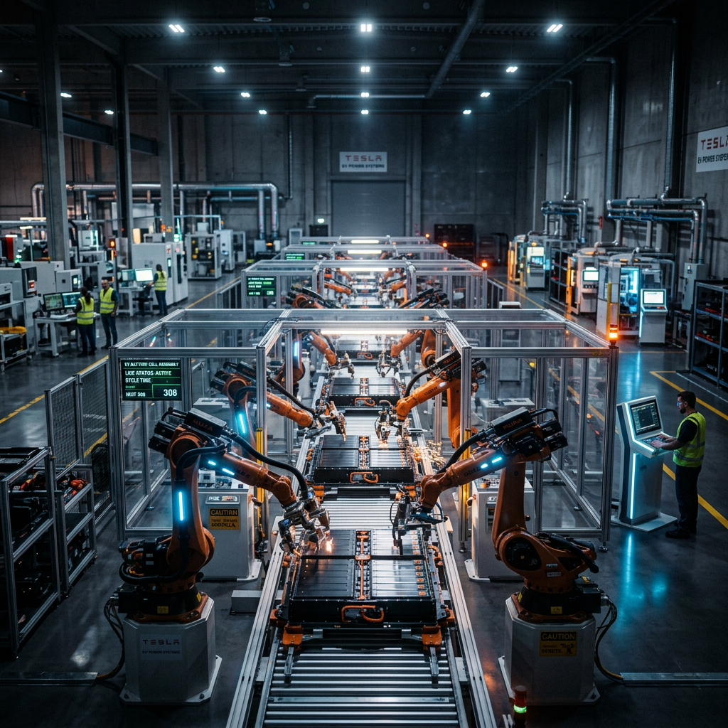 Robotic arms working on Tesla battery packs in an automated assembly line