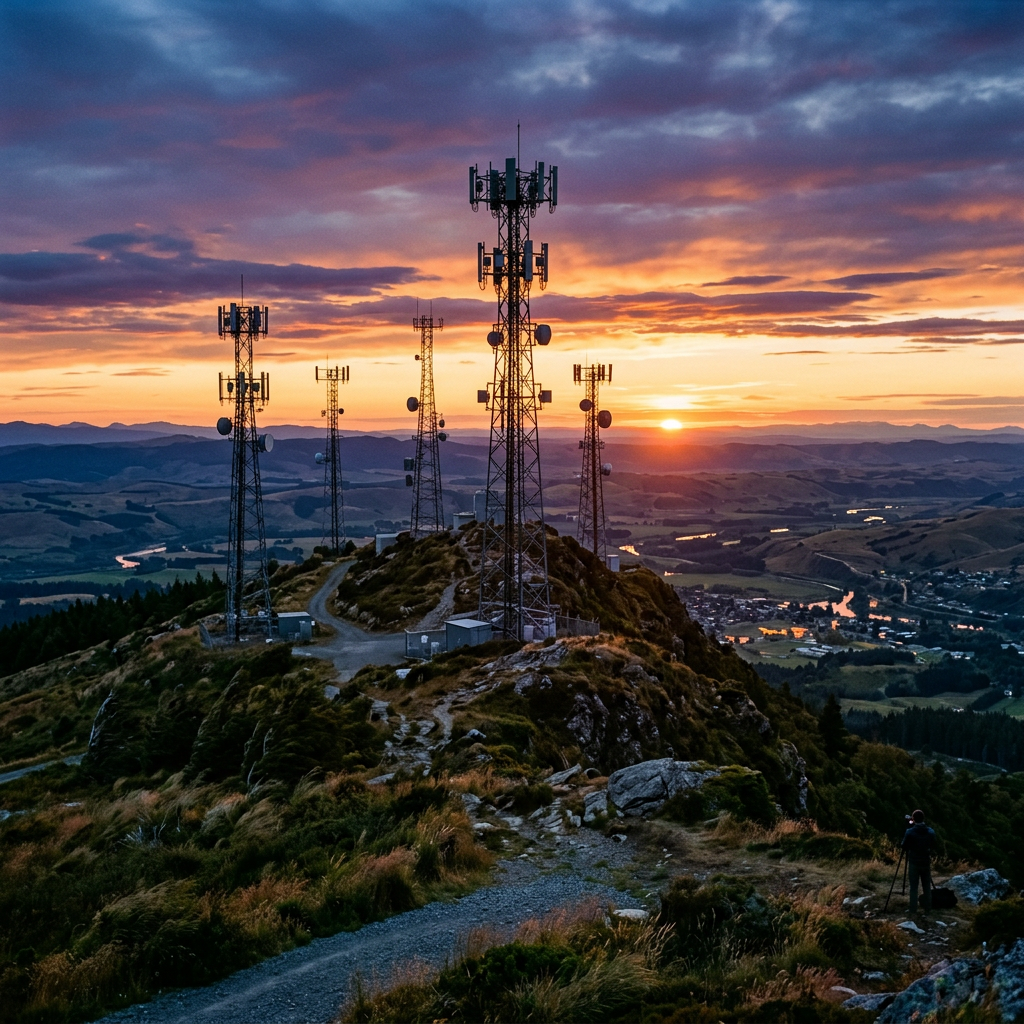 Communication towers on hilltop with sunset and distant landscape