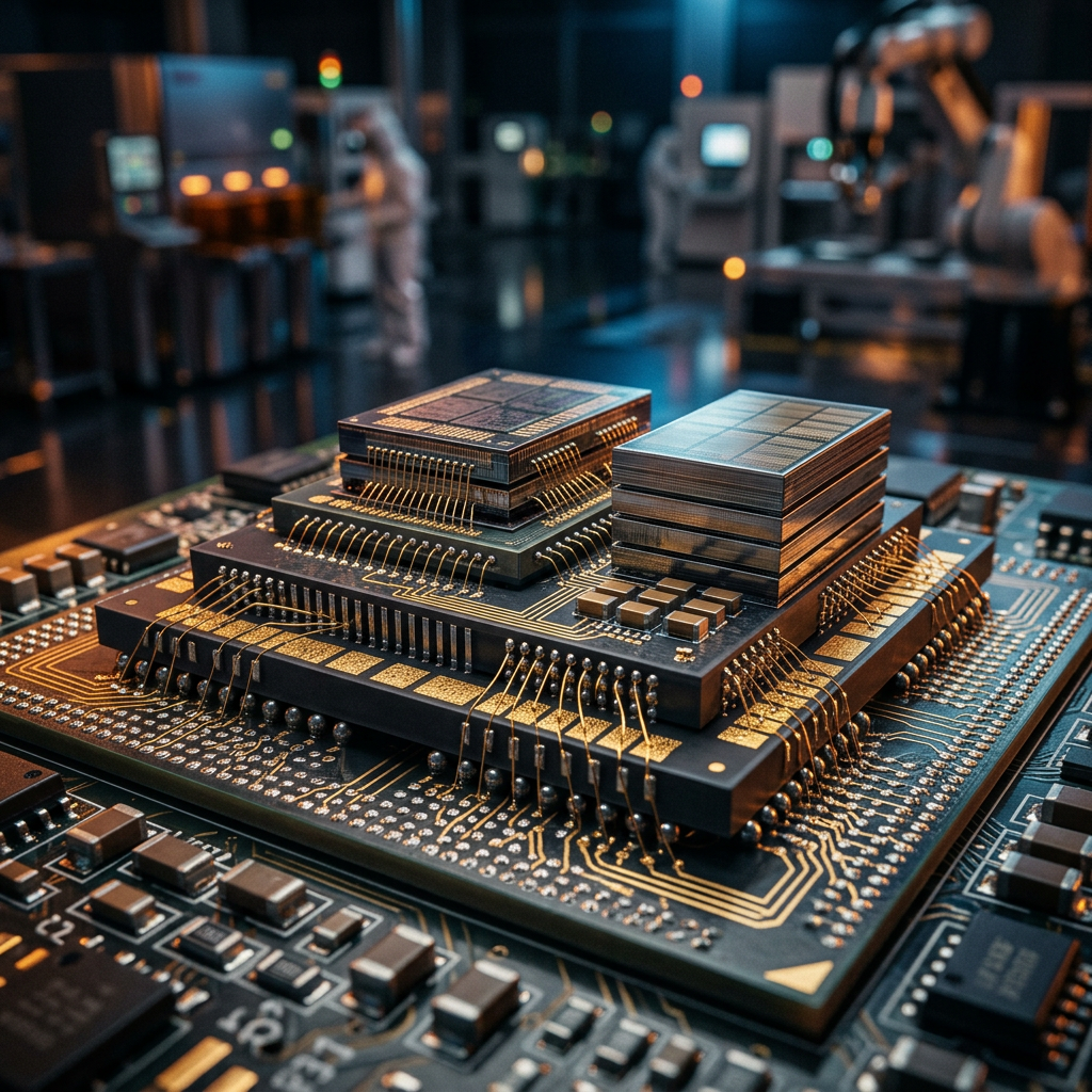 Stacked microchips connected to a circuit board with gold wiring inside a cleanroom