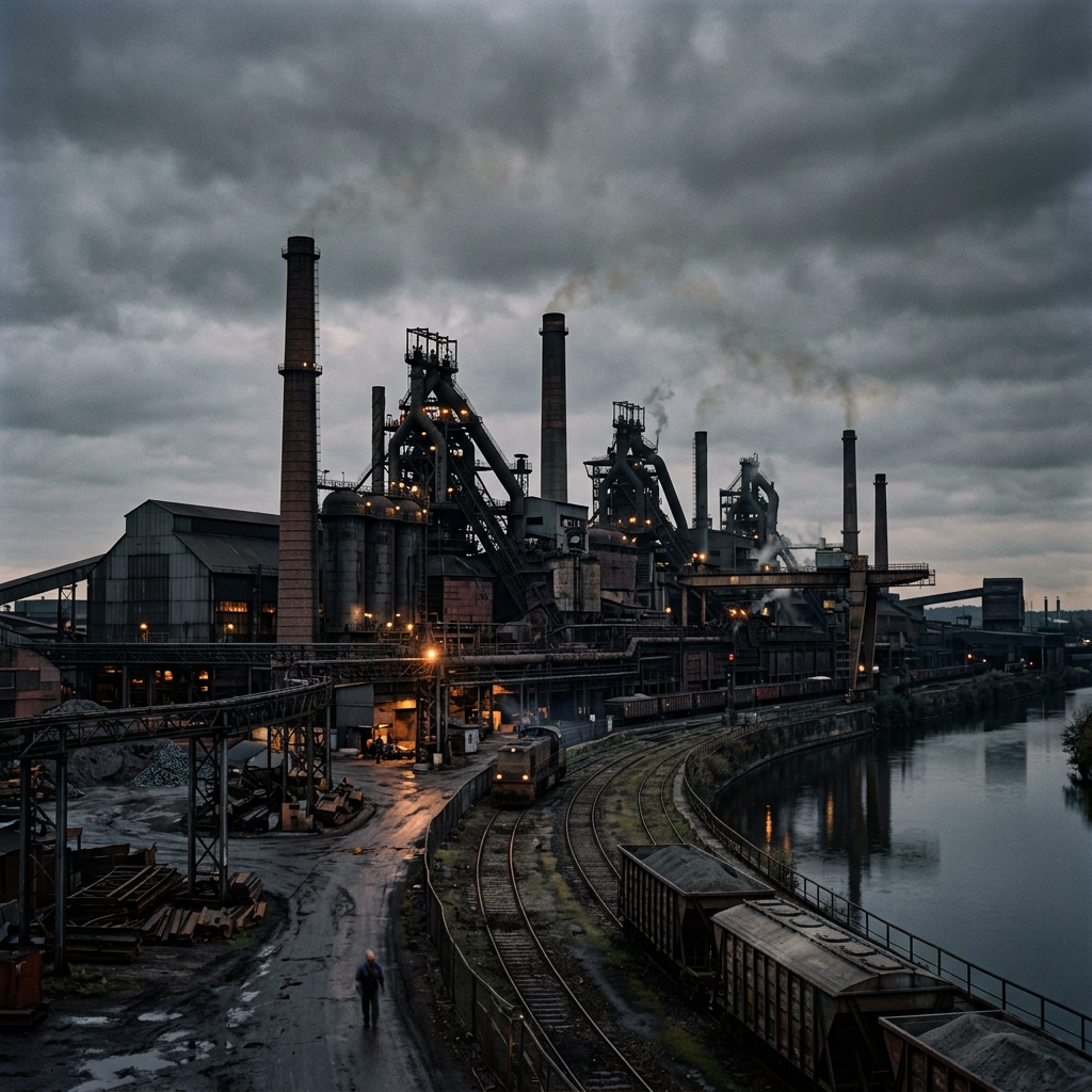 Steel mill with smokestacks emitting smoke beside a river and rail tracks