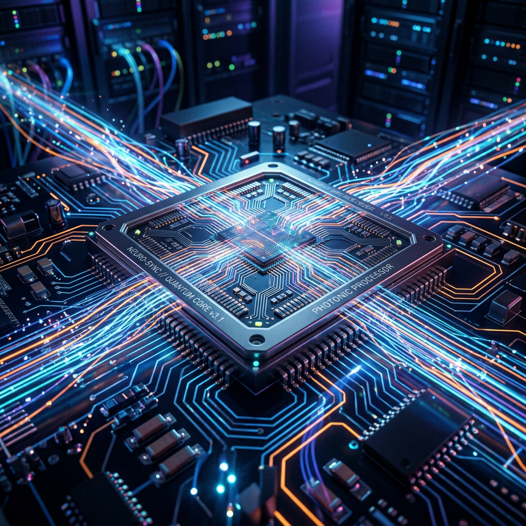 Quantum photonic processor chip on circuit board with glowing data streams