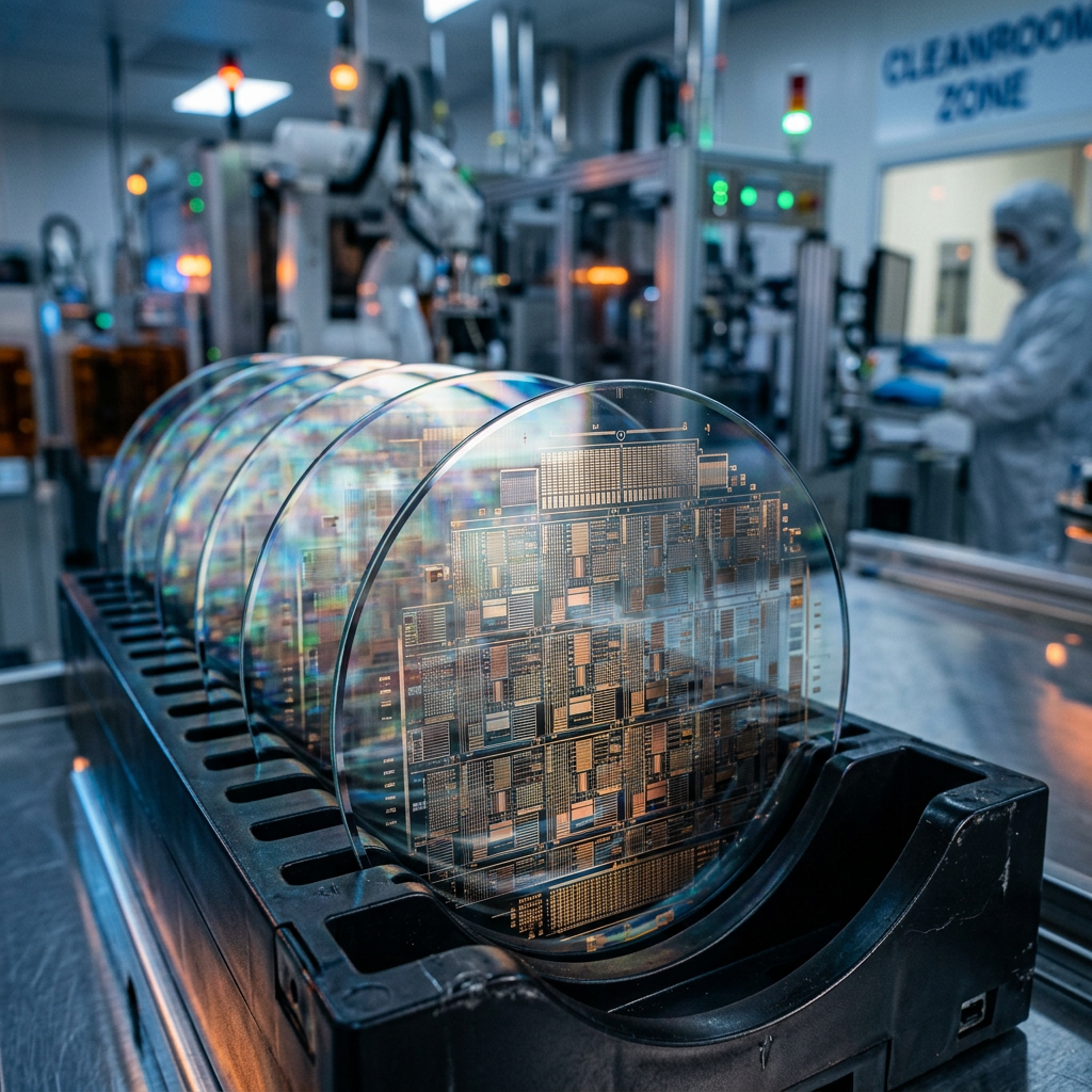 Stack of silicon wafers with integrated circuits in cleanroom