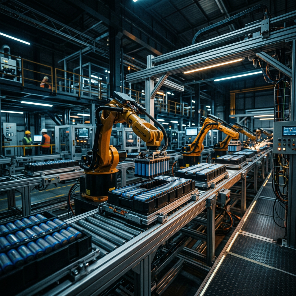 Robotic arms placing battery cells into battery packs on an industrial assembly line