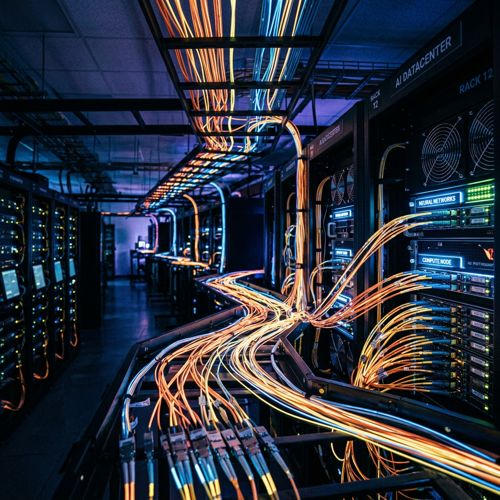 Server racks with glowing fiber optic cables in an AI datacenter