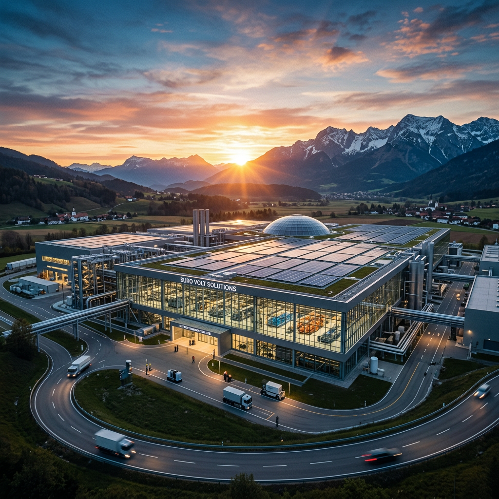 Industrial building with solar panels on the roof and mountains in background at sunset