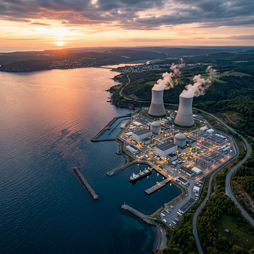 Nuclear power plant with cooling towers emitting steam near coastline at sunset