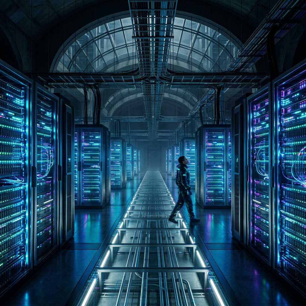 Person walking in a large server room with rows of glowing blue and purple servers
