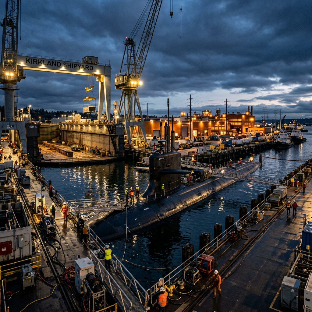 Submarine docked at Kirkland Shipyard pier with workers and cranes at dusk