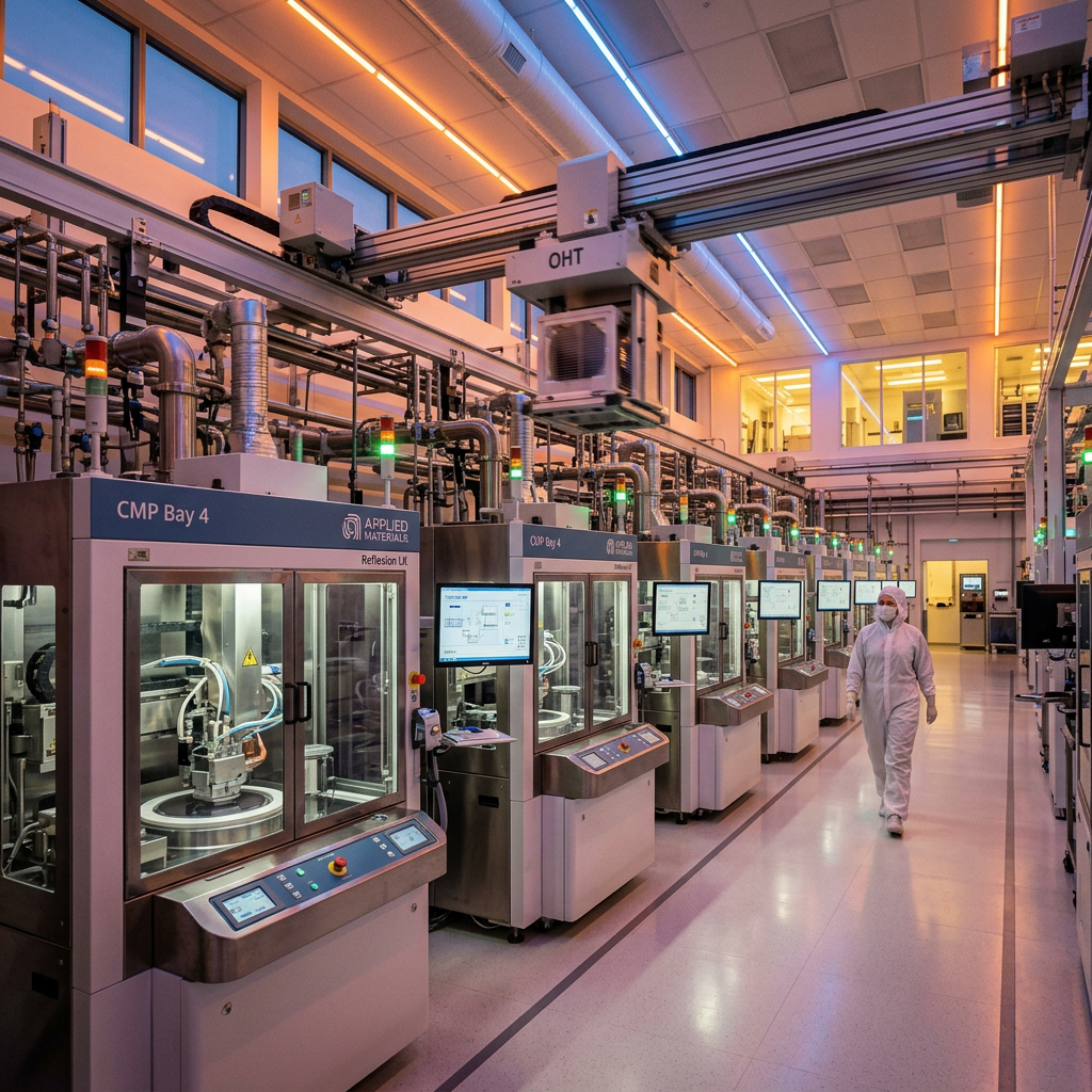 Technician in cleanroom suit walking beside advanced semiconductor processing machines