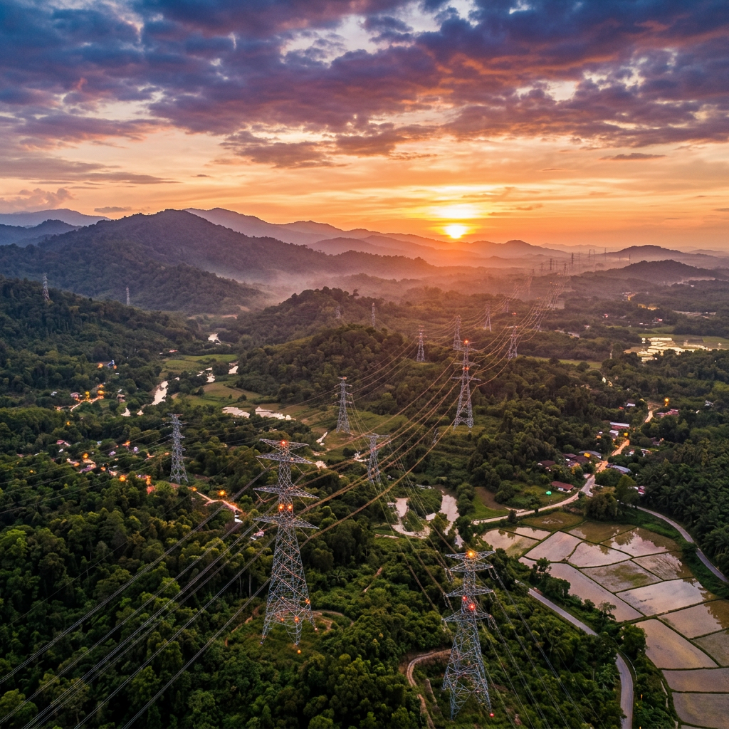 Power transmission towers and lines over green hills and farmland during sunset