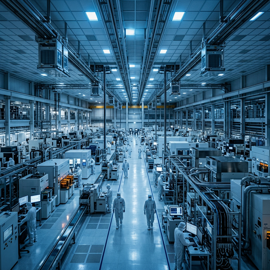 Cleanroom factory floor with workers in protective suits operating semiconductor manufacturing equipment