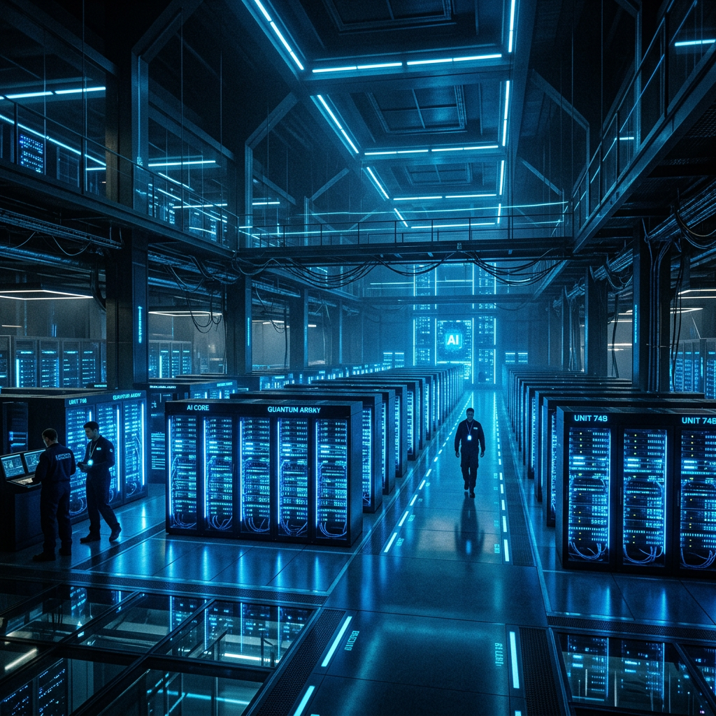 Large data center with rows of illuminated AI and quantum computing server racks and technicians working