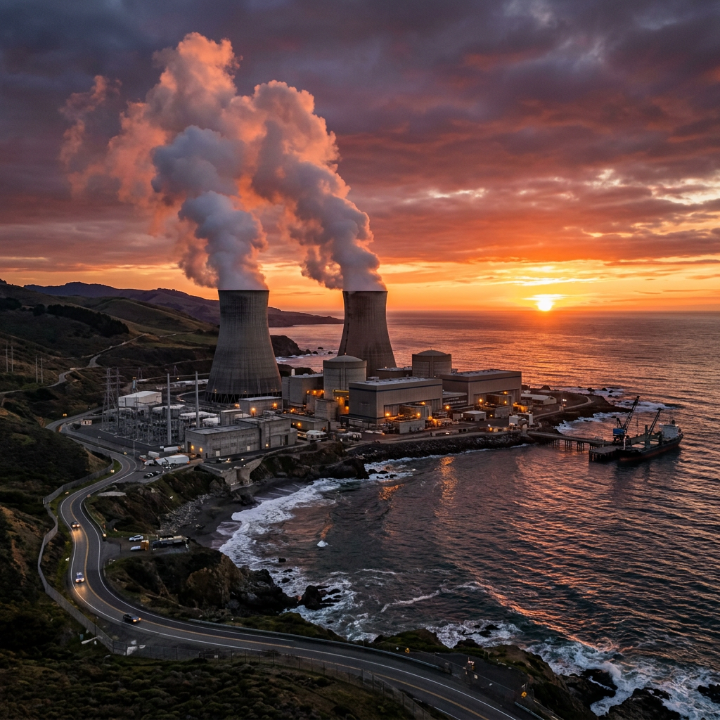 Nuclear power plant with two cooling towers emitting steam by the ocean during sunset.