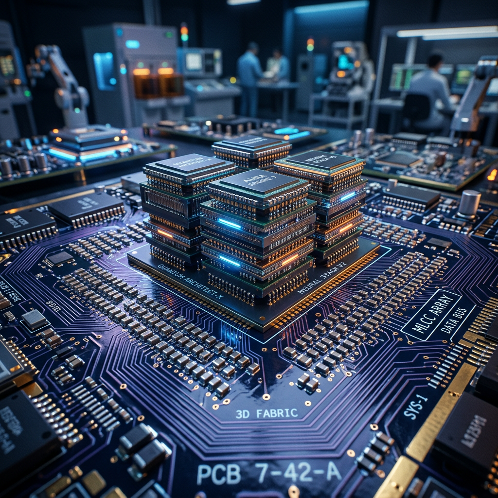 3D stacked microchips on a printed circuit board labeled with quantum architecture and neural stack