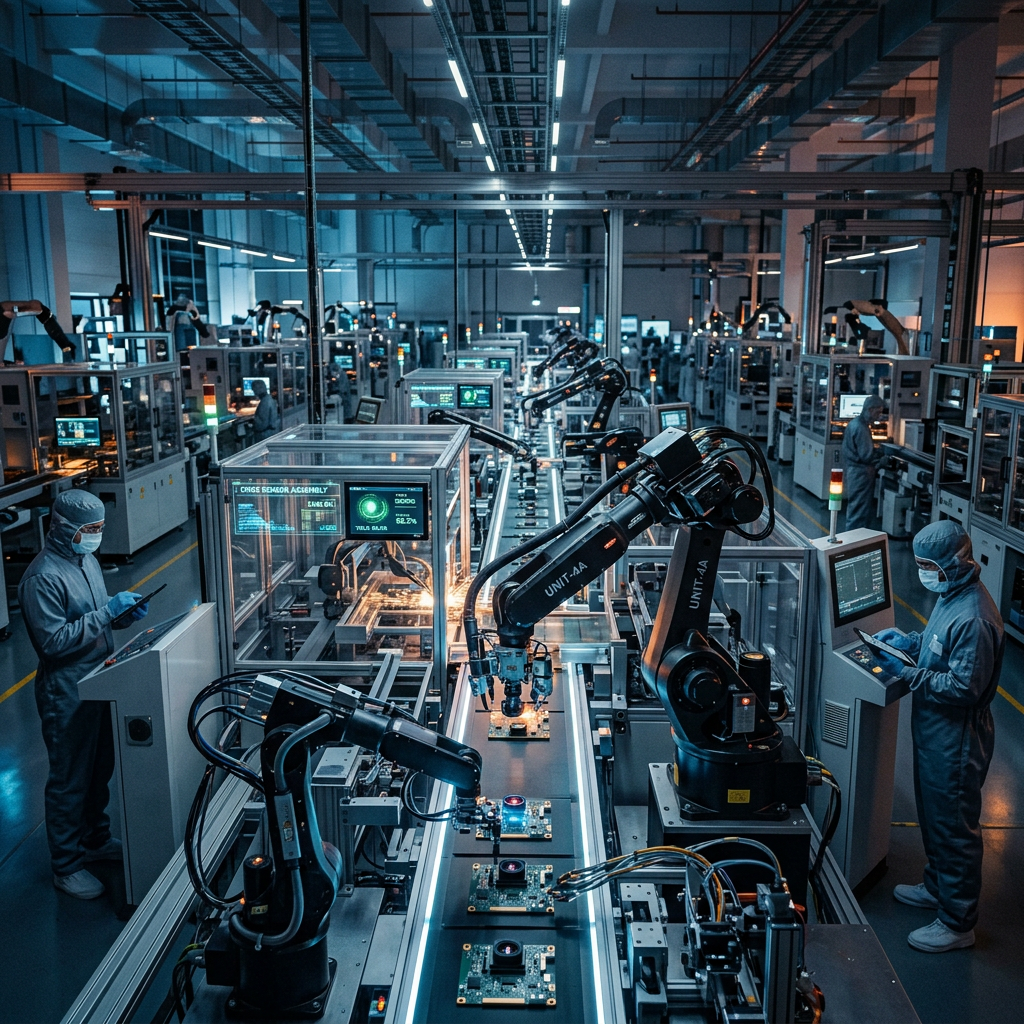 Automated assembly line with robotic arms and technicians in protective clothing working on electronics