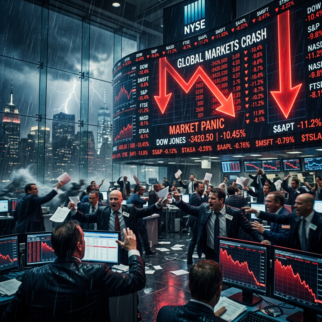 Traders reacting and shouting in NYSE during a global market crash with red arrows showing falling stock prices and market panic