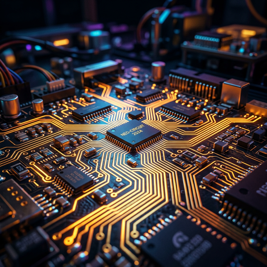 Circuit board with glowing golden pathways and a central chip labeled NEO-CIRCUIT 2024