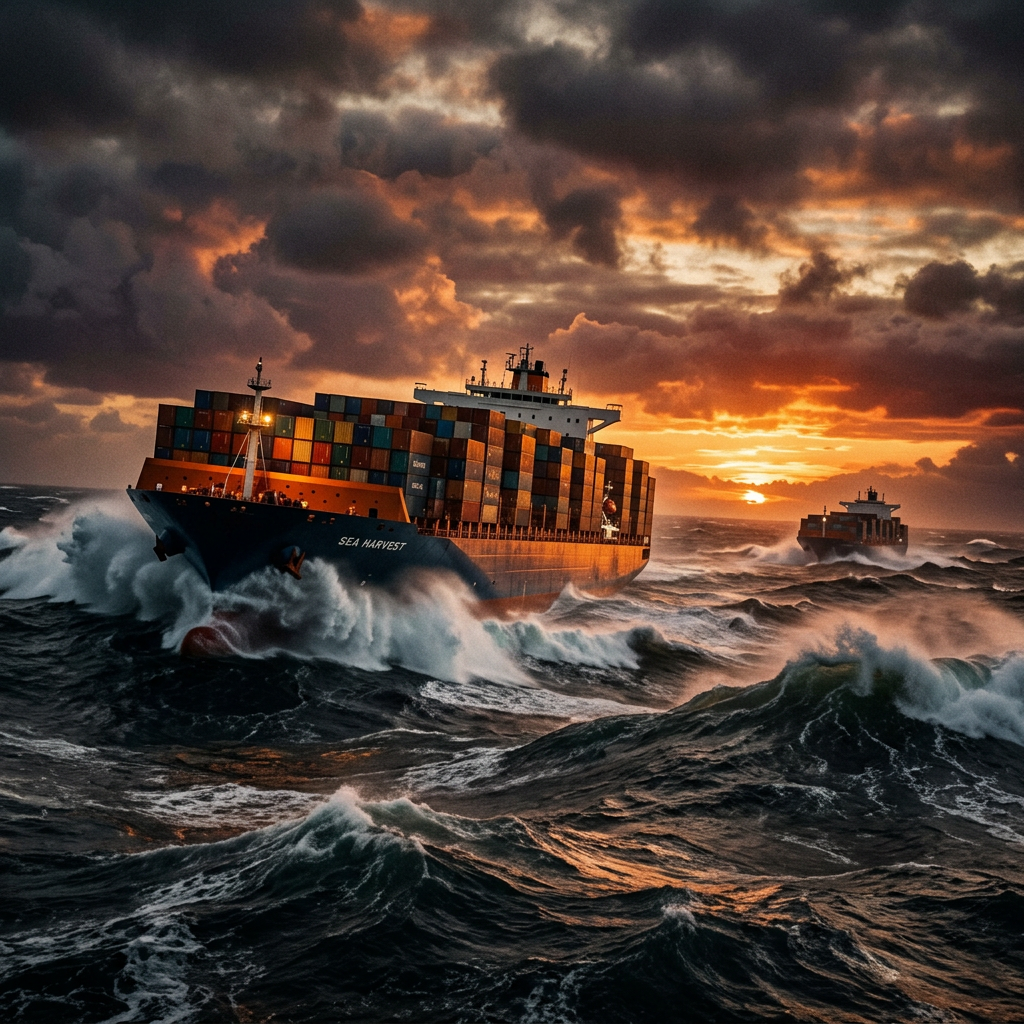 Container ships sailing through rough stormy ocean waves with dark clouds and sunset