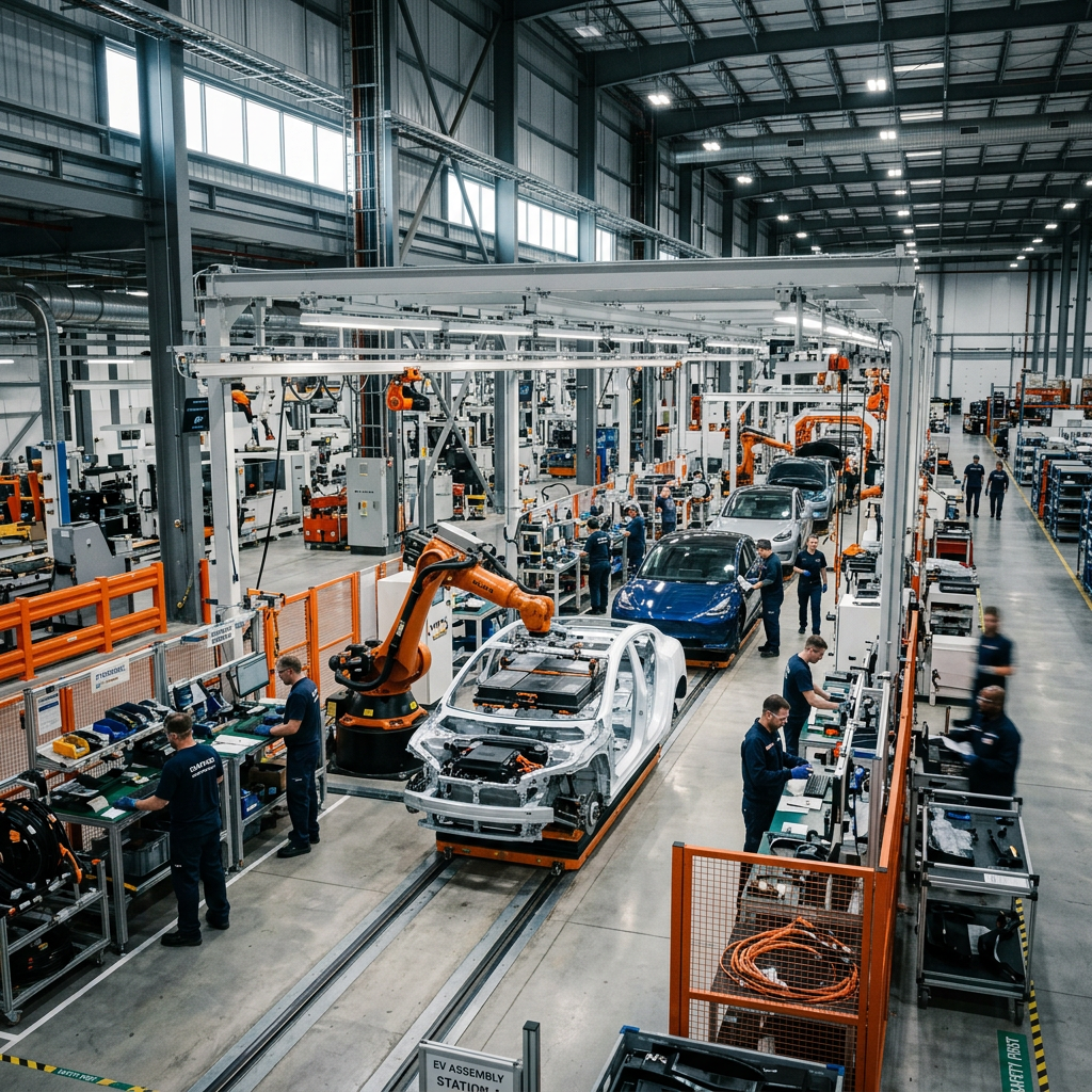 Electric vehicles being assembled by robotic arms and workers on a factory line