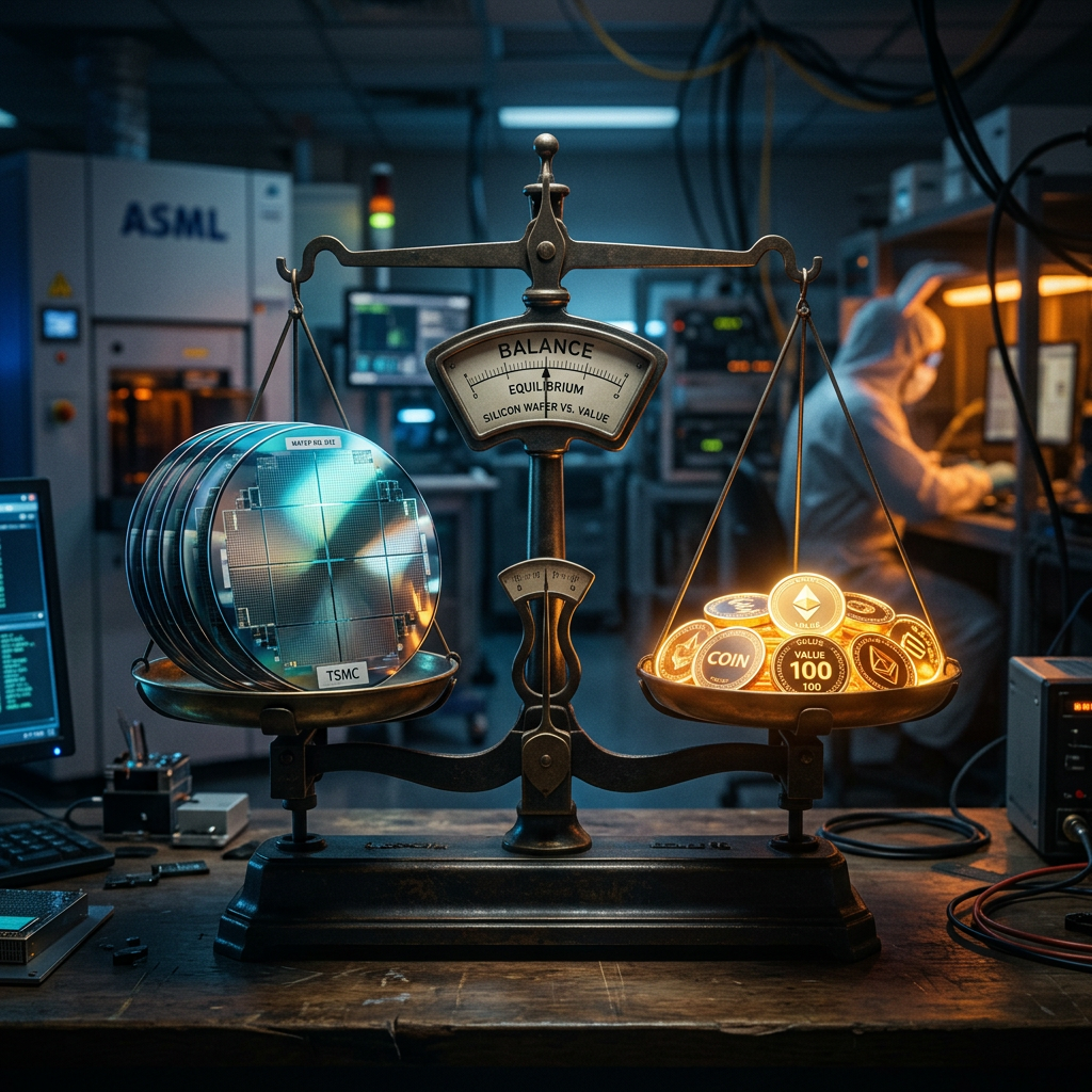 Balance scale with silicon wafers on one side and cryptocurrency coins on the other in a laboratory.