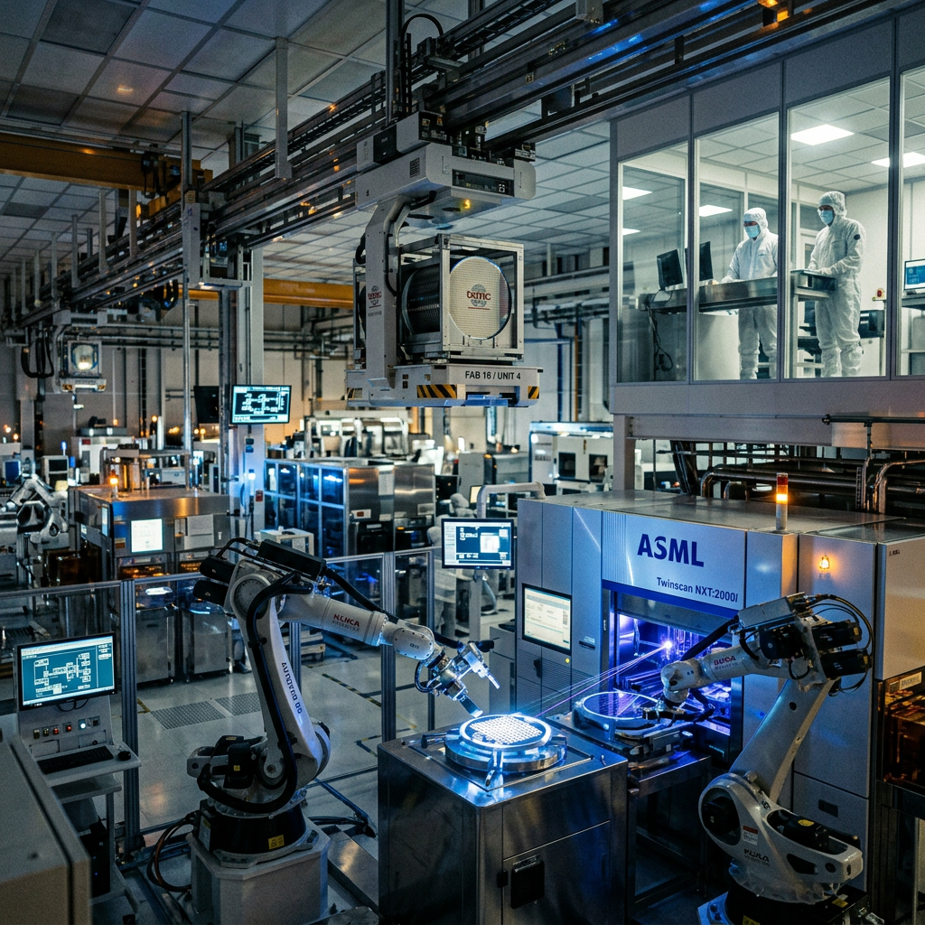 Robotic arms working on semiconductor wafers inside ASML Twinscan NXT:2000i machine in a cleanroom factory with engineers observing