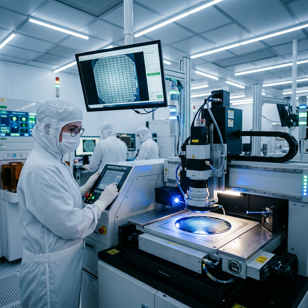 Technician operating wafer inspection equipment in a semiconductor cleanroom