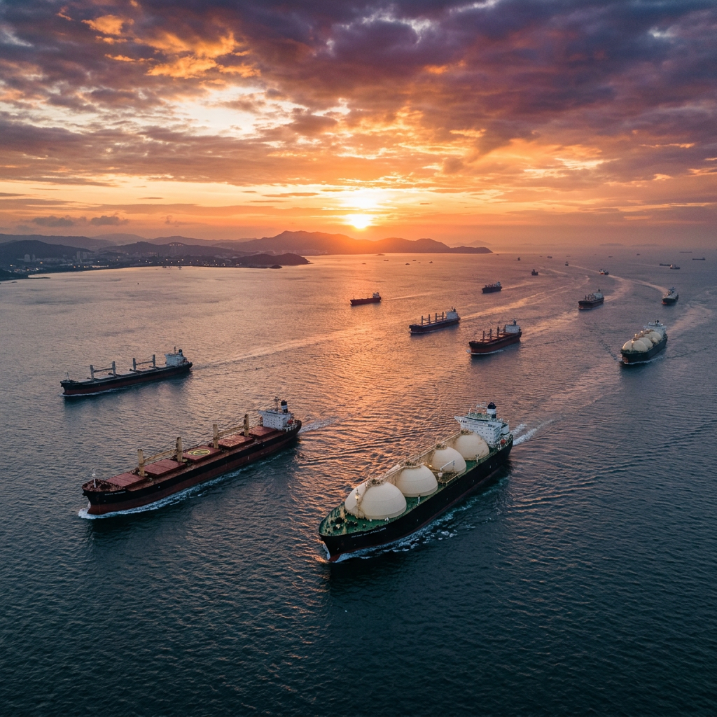 Cargo ships and tankers sailing on ocean at sunset with distant coastline