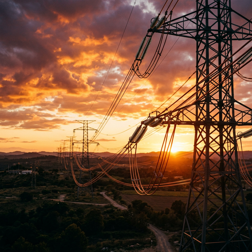 Electrical transmission towers and power lines at sunset above a rural landscape