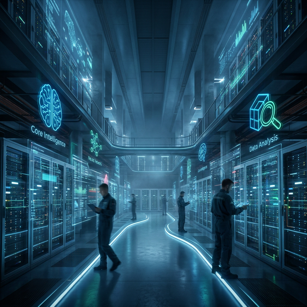 Technicians working in a data center with holographic AI and data analysis interfaces