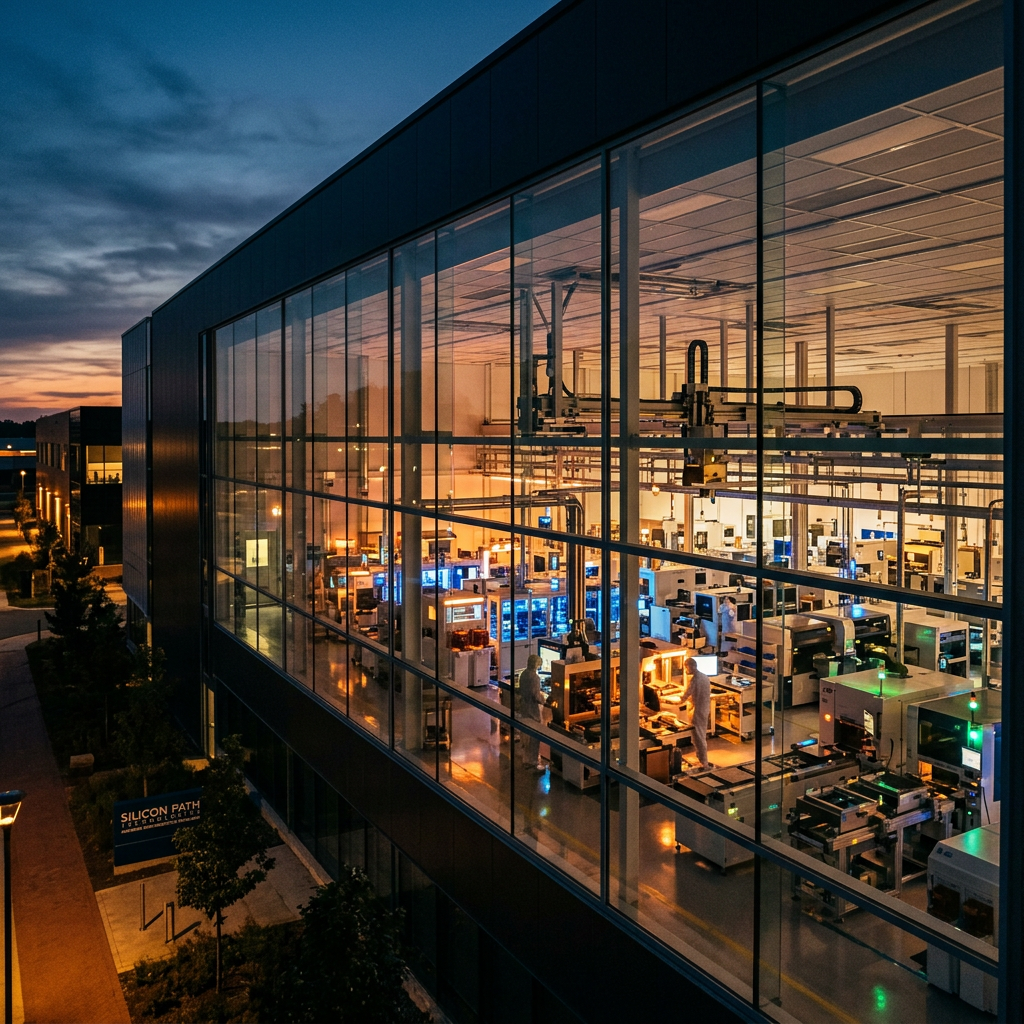 Semiconductor packaging facility at dusk glowing interior machinery