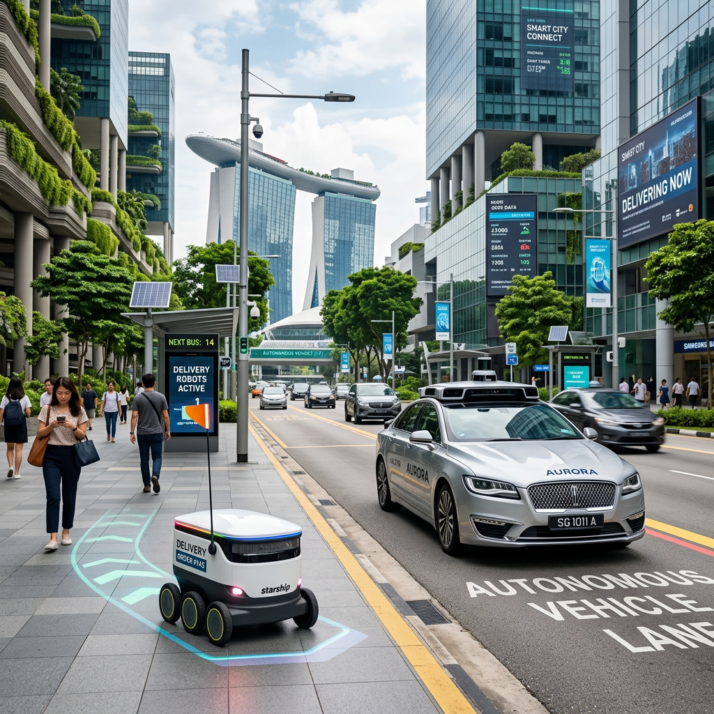 Autonomous delivery robot on sidewalk and self-driving car on road with city buildings