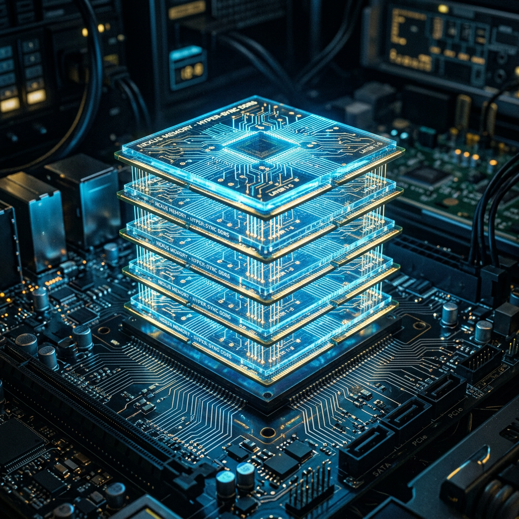 Stacked computer chips with glowing blue circuitry on a motherboard