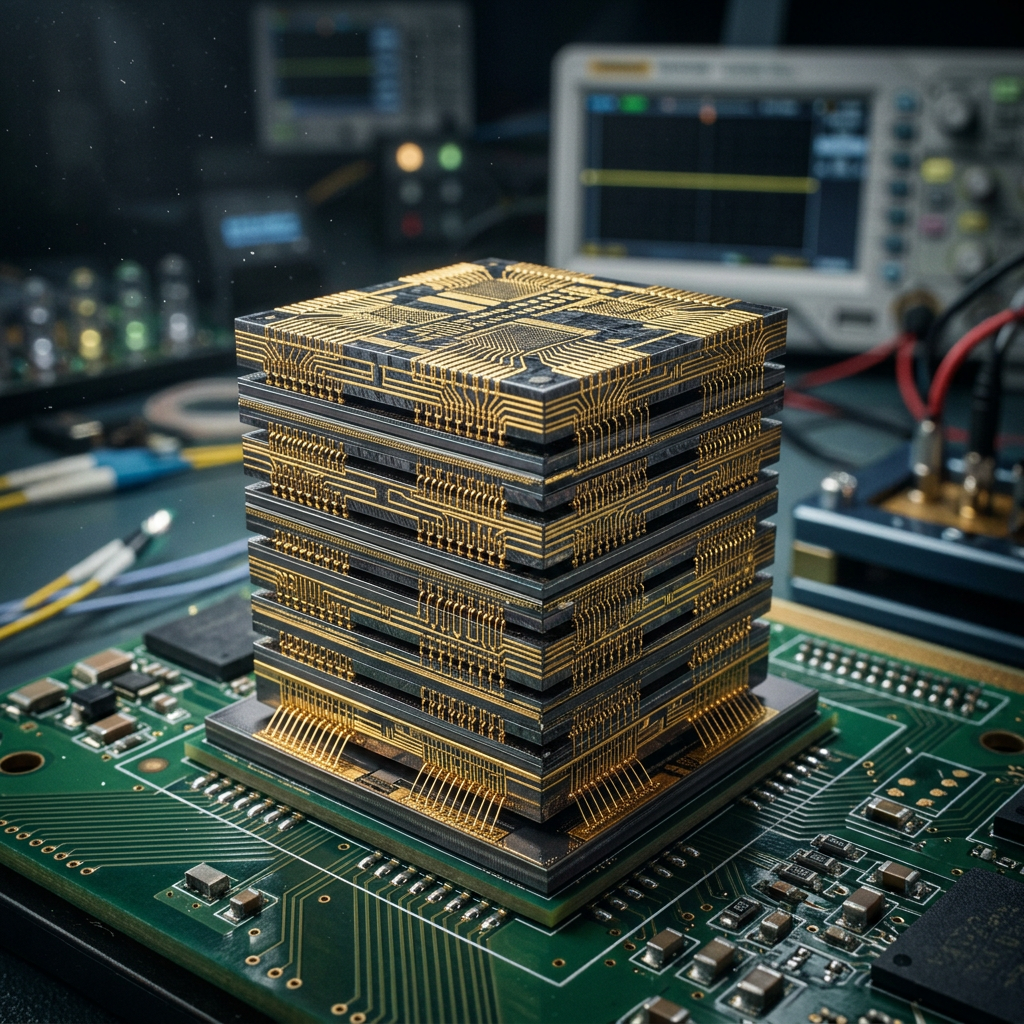 Multi-layer microchip stack with gold circuitry on green circuit board