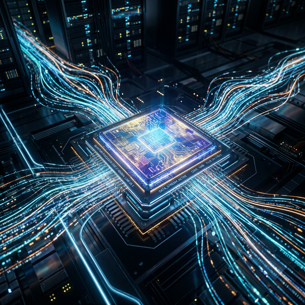 Futuristic glowing microchip with vibrant data streams flowing in multiple directions