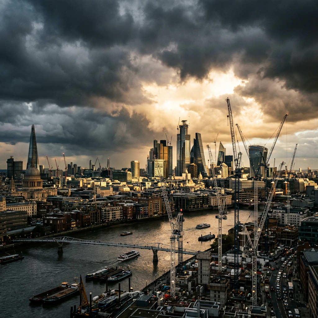 London skyline with river Thames, skyscrapers, cranes, and dark cloudy sky at sunset