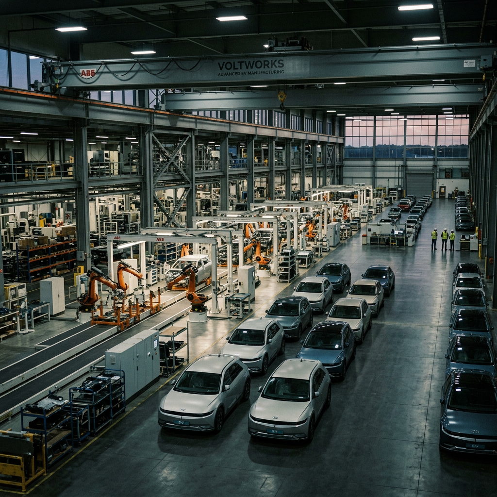 Factory interior with robotic arms assembling white electric cars and rows of finished vehicles