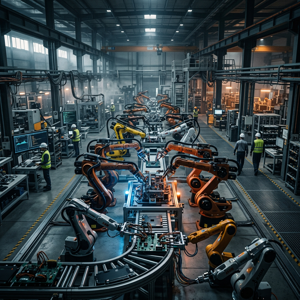 Multiple robotic arms assembling circuit boards on conveyor belts in an industrial factory