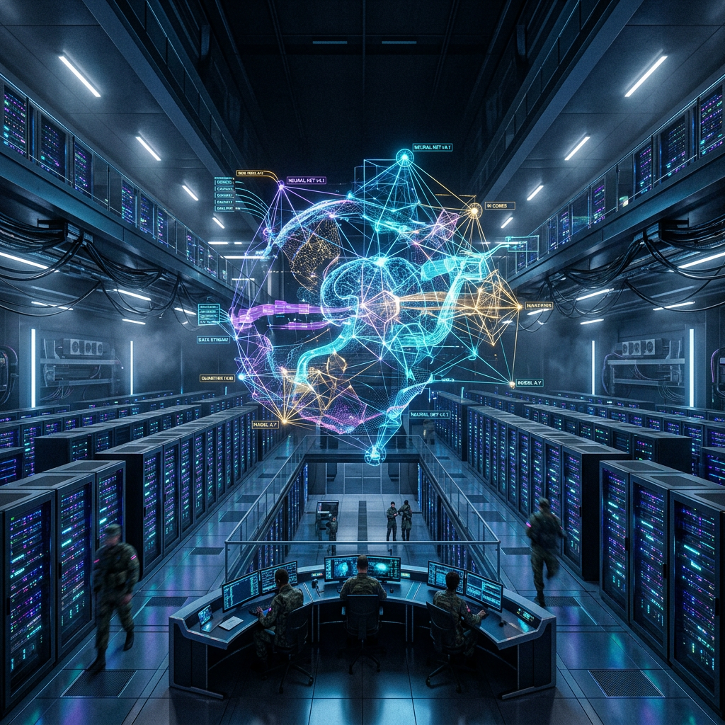 Military personnel at control stations with holographic neural network in data center