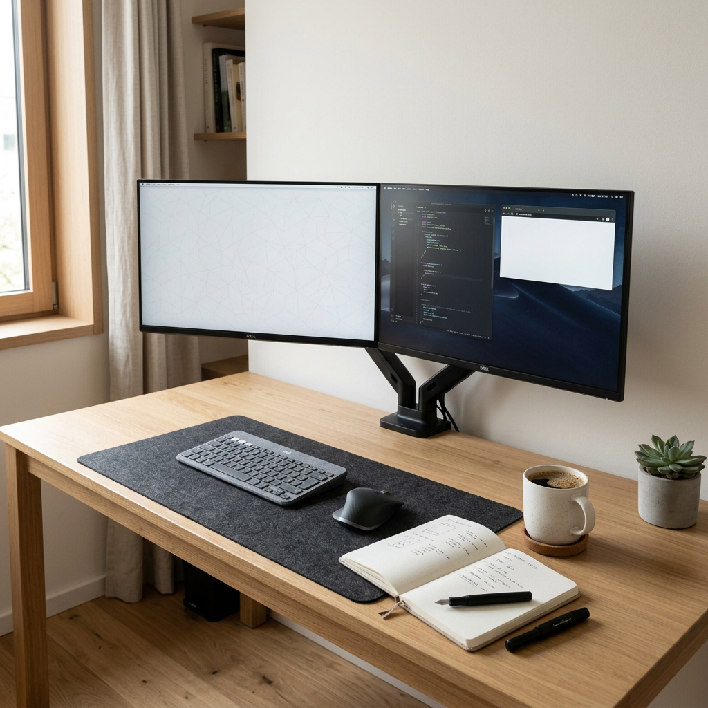 Wooden desk with dual monitors on mount, wireless keyboard, mouse, notebook with pen, coffee cup, and small plant