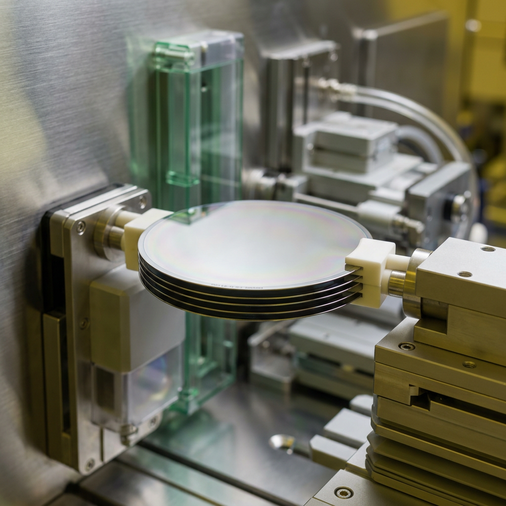 Five semiconductor wafers stacked and held by a robotic arm inside a manufacturing machine