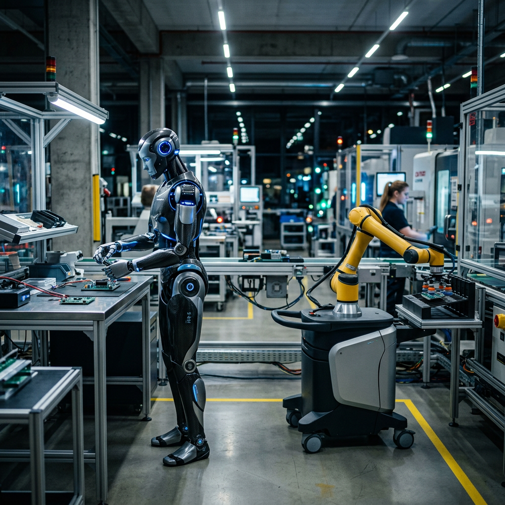 Humanoid and cobot in modern factory floor
