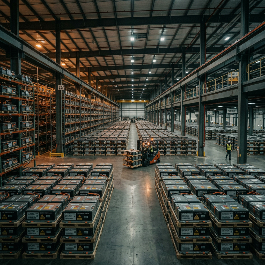 Forklift moving pallets among rows of palletized goods in large warehouse