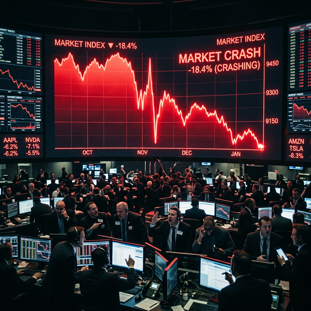 Trading floor busy with traders reacting to a market index crash of -18.4%