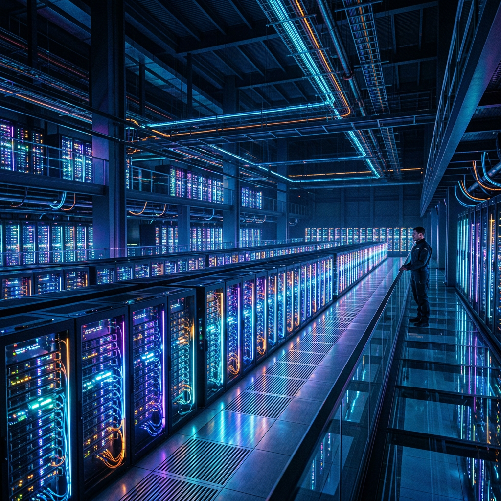 Technician standing by illuminated server racks in a large data center
