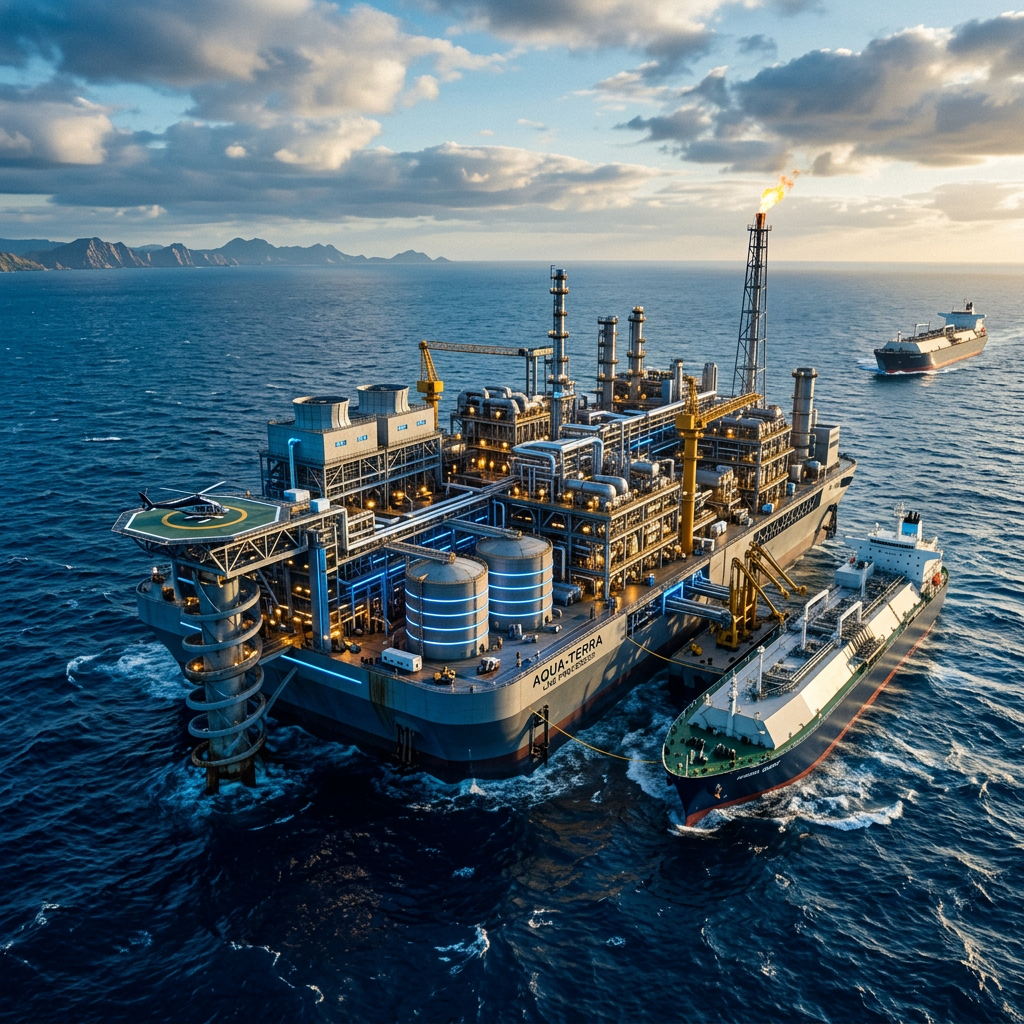 Offshore LNG processing platform named Aqua Terra with supply vessels and a helipad