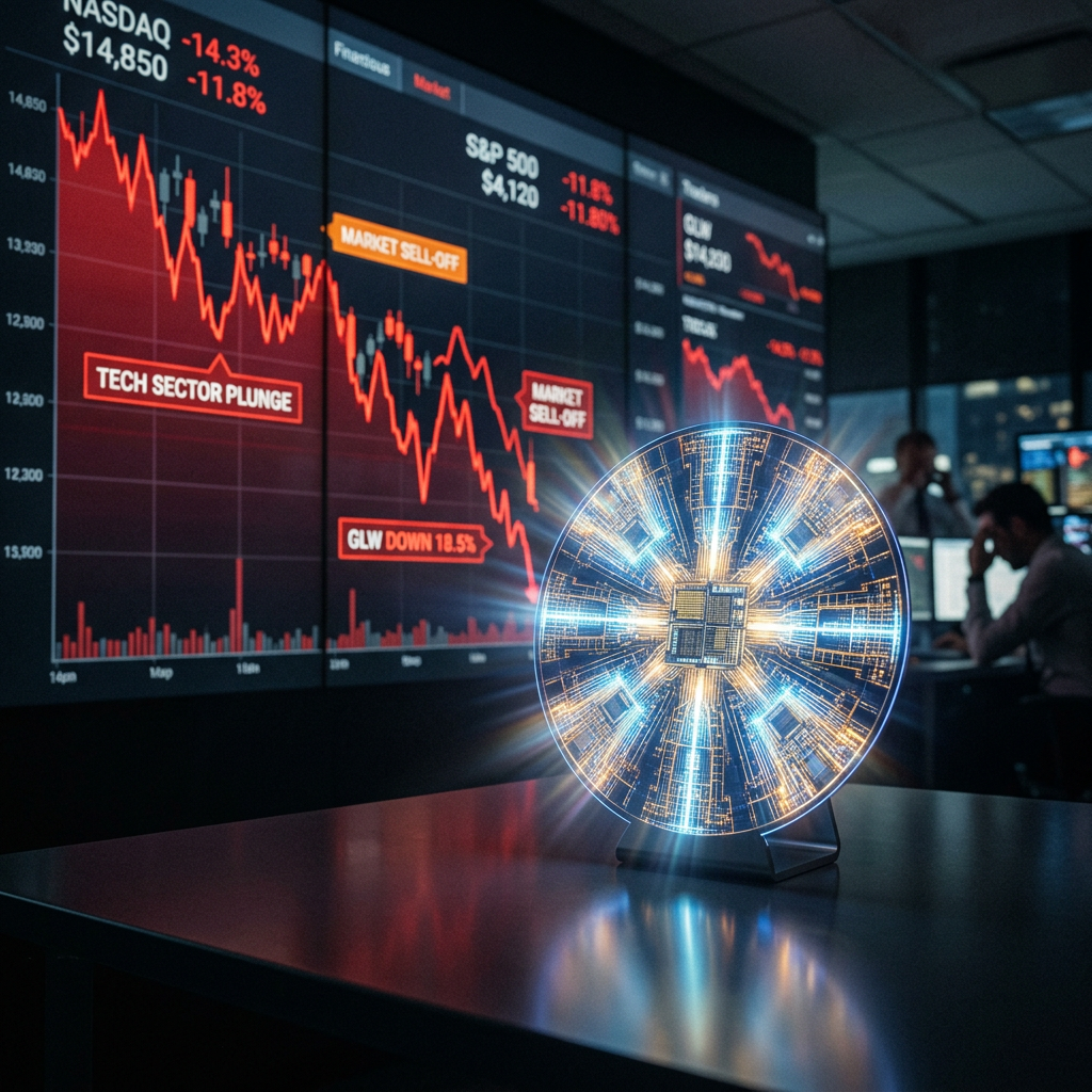 Stock market charts showing declines with glowing digital chip model in foreground